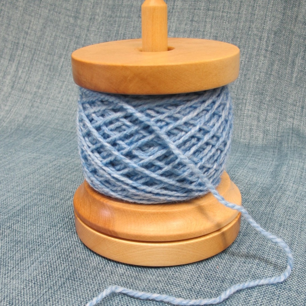 Handcrafted Wooden Yarn Holder with Blue Yarn
